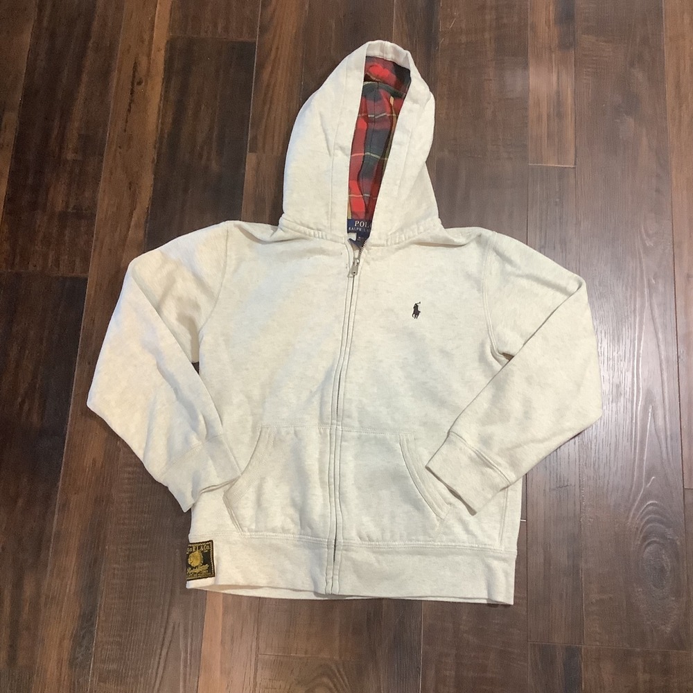 Polo Ralph Lauren Kids Full Zip Hoodie Gray Plaid Lined Sweatshirt Size M 10-12